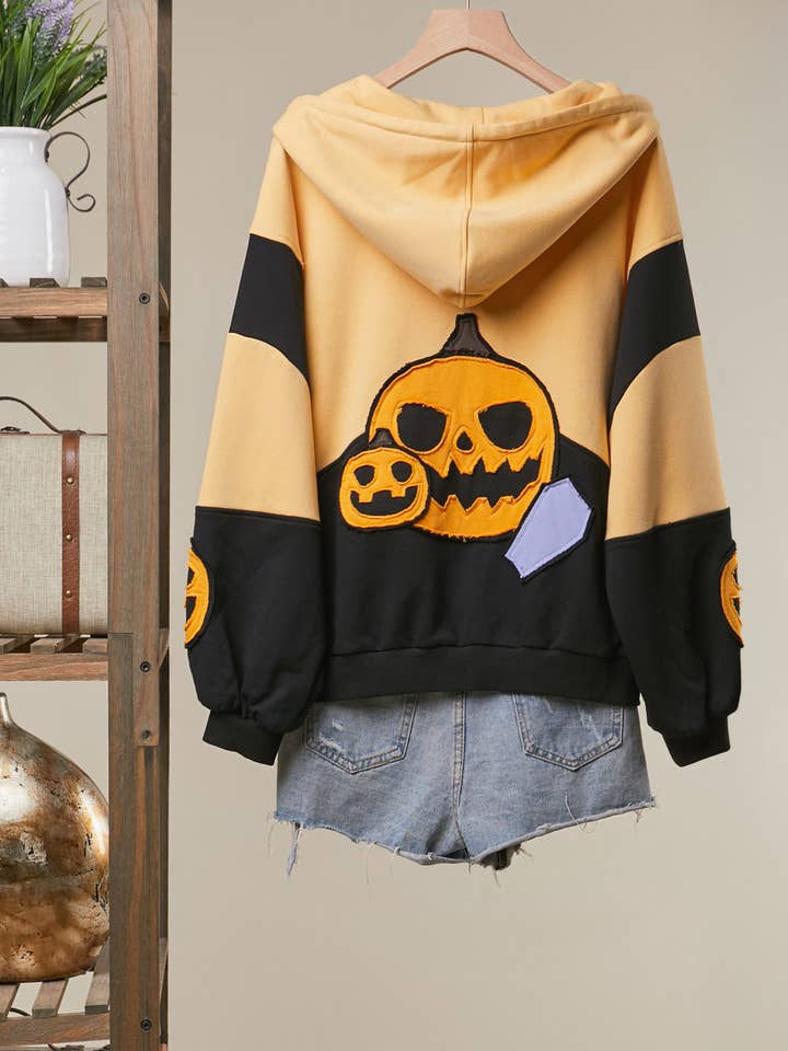 Jack-O-Lantern Patched Colorblock Zip-Up Hoodie