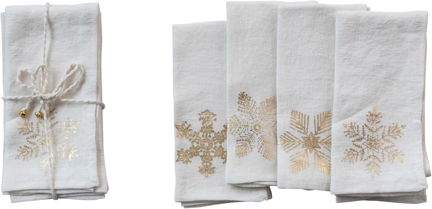 Creative Co-op Square Natural Linen Printed Napkins w Gold Foil Snowflake, Set of 4 - Little Miss Muffin Children & Home