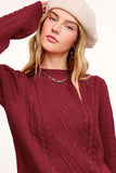 La Miel Cable Knit Crew Neck Sweater in Deep Maroon