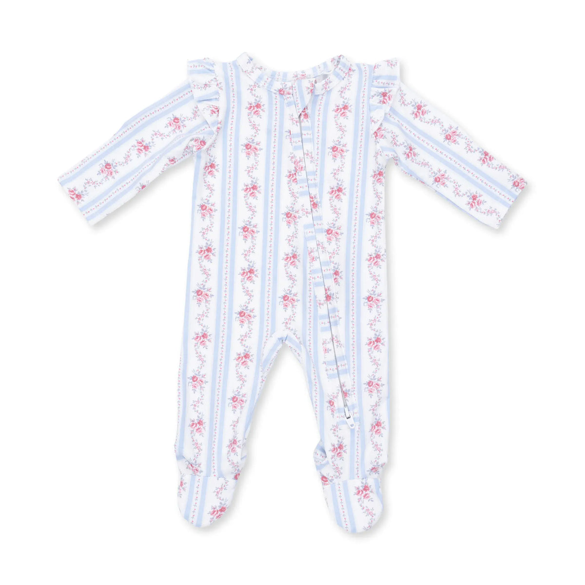 Anna Floral Stripe 2 Way Ruffle Sleeve Zipper Footie