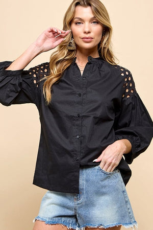 Cezele Lantern Sleeve Blouse in Black