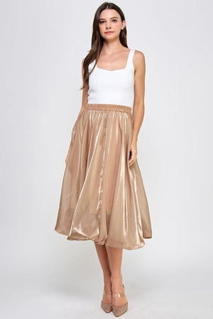 Ellison Shiny Bubble Hem Midi Skirt in Camel