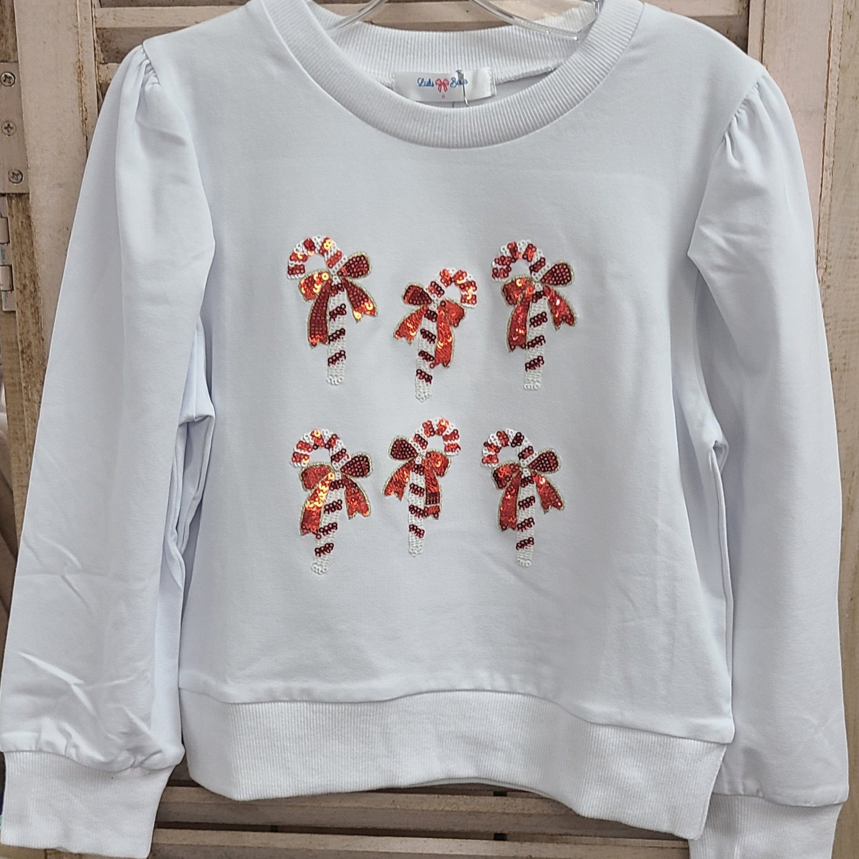 Lulu Bebe Lulu Bebe Red White Candycane Puff Long Sleeve White Shirt - Little Miss Muffin Children & Home