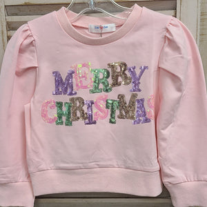 Lulu Bebe Lulu Bebe Pastel Sequin Merry Christmas Puffy Long Sleeve Pastel Pink Shirt - Little Miss Muffin Children & Home