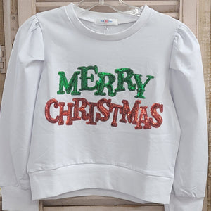 Lulu Bebe Lulu Bebe Traditional Sequin Merry Christmas Puffy Long Sleeve White Shirt - Little Miss Muffin Children & Home