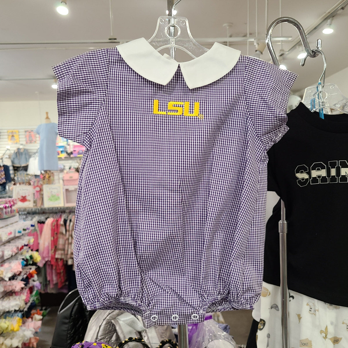 Vive La Fete Vive La Fete LSU Embroidered Purple Gingham Boys Bubble - Little Miss Muffin Children & Home
