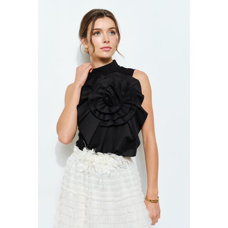 INA Floral Applique Pleated High Neck Top in Black - Little Miss Muffin Children & Home