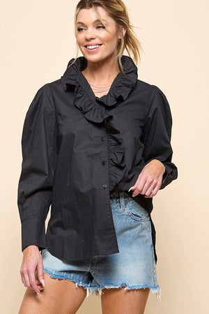 Cezele Ruffle Collar Button Down Blouse in Black