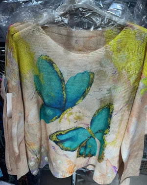 Loowie Blue Butterfly Print Spring Long Sleeve Sweater