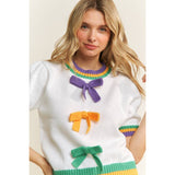 Mardi Gras Bow Detail Short Sleeve Sweater