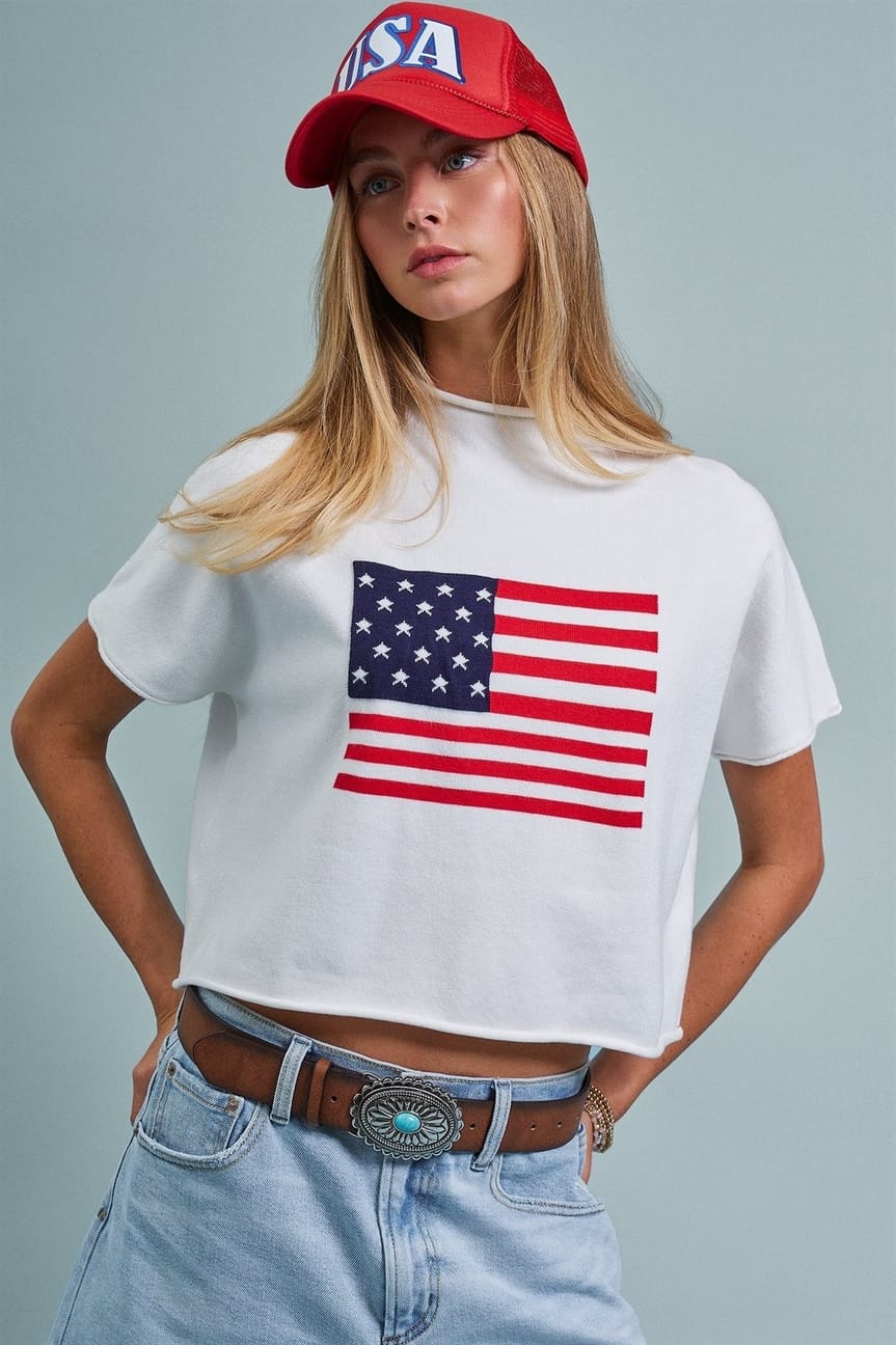 American Flag Graphic Raw Edge Crop Tee