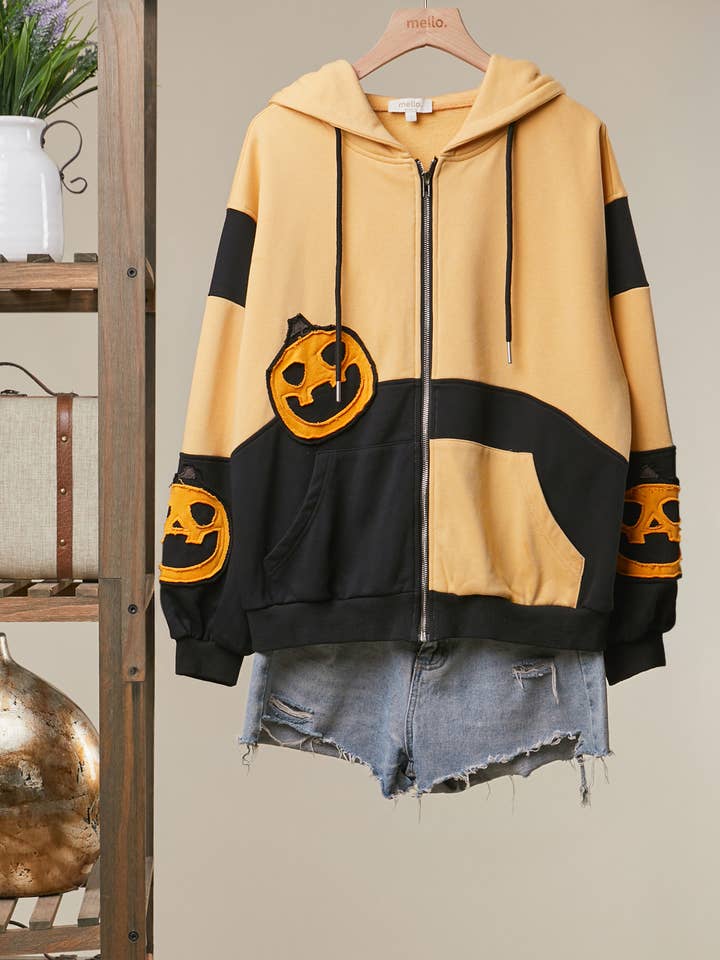 Jack-O-Lantern Patched Colorblock Zip-Up Hoodie