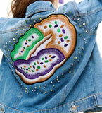 SongLily Mardi Gras King Cake Rhinestone Denim Jacket