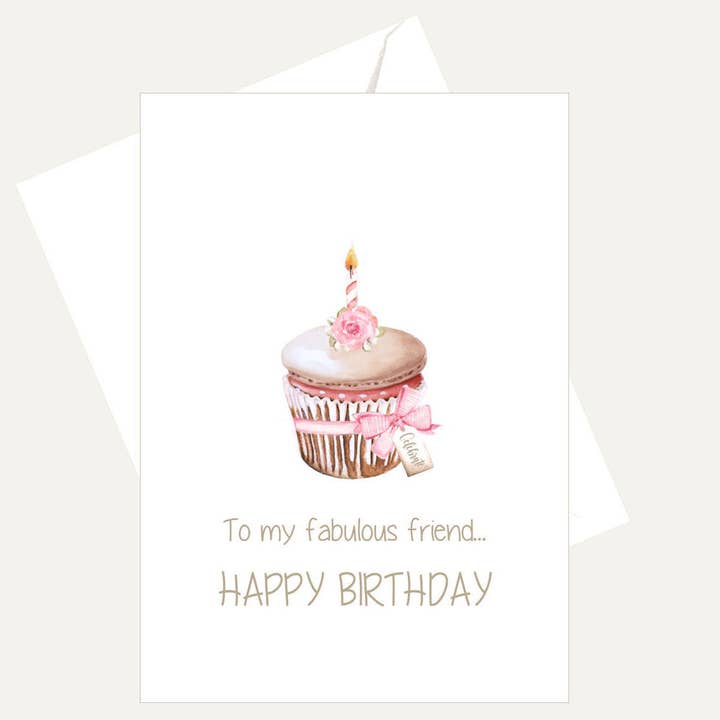 Birthday card with a cupcake illustration and 'Happy Birthday' text on a white background