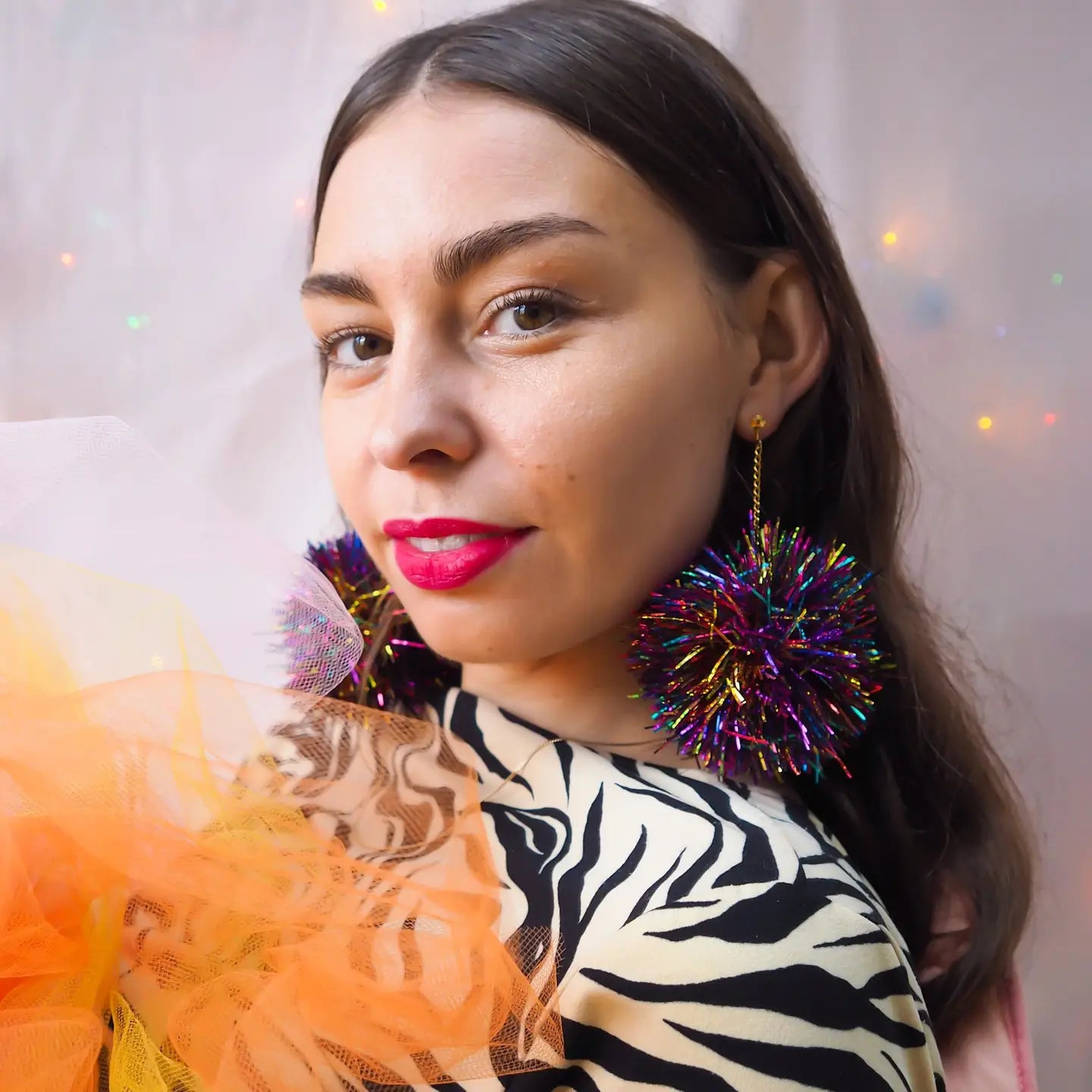 Fat Pom Poms Rainbow Tinsel Earrings - Little Miss Muffin Children & Home