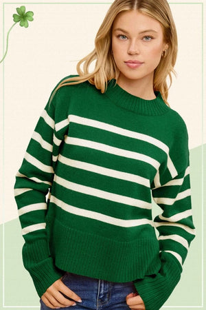 La Miel Striped Mock Neck Dolman Sleeve Loose Fit Sweater in Pine Tree