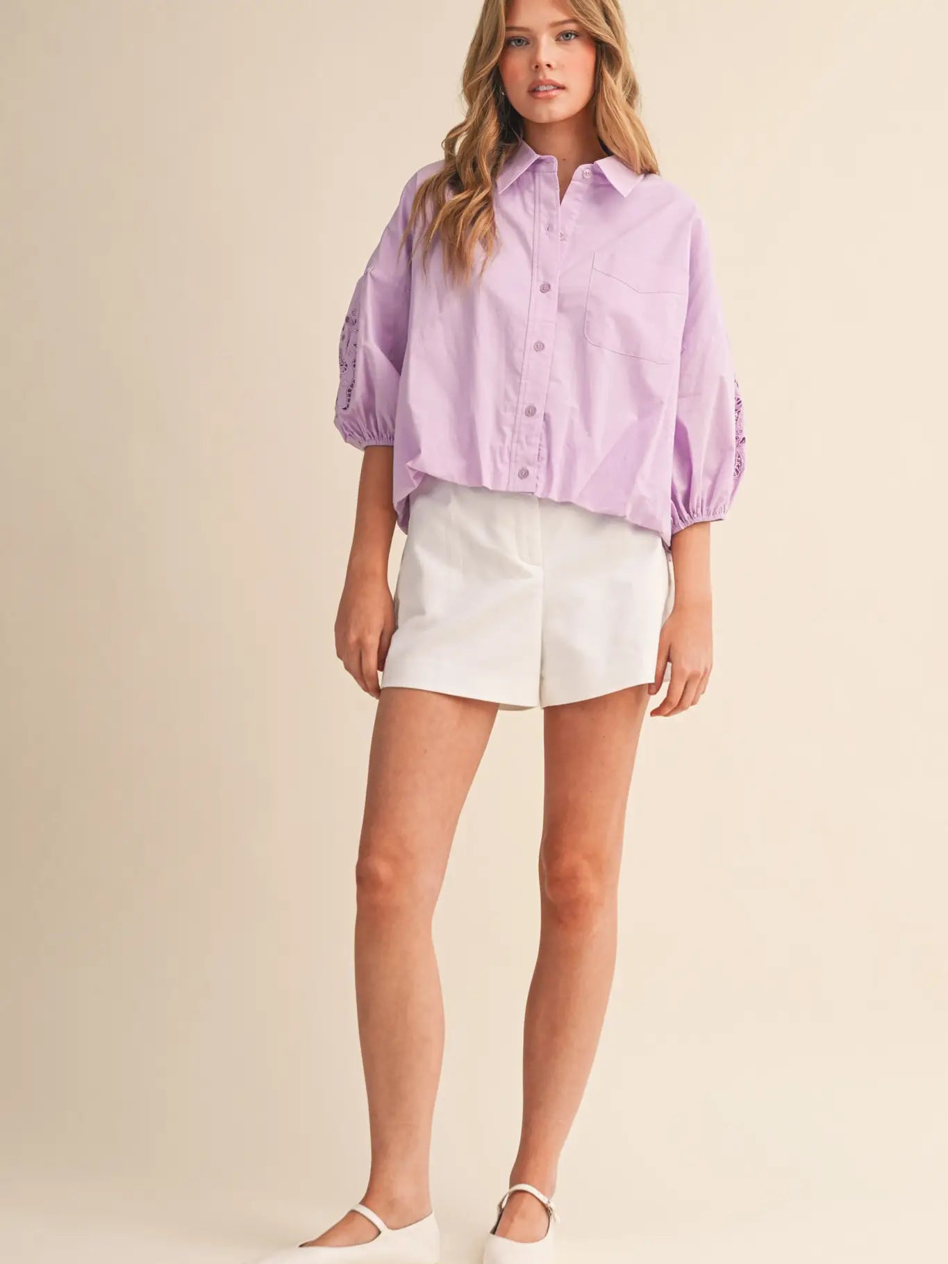 Eyelet Embroidered Puffy Sleeve Button Dow Top in Sweet Lilac