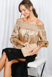 Vine & Love Smocked Off-the-Shoulder Metallic Blouse in Gold