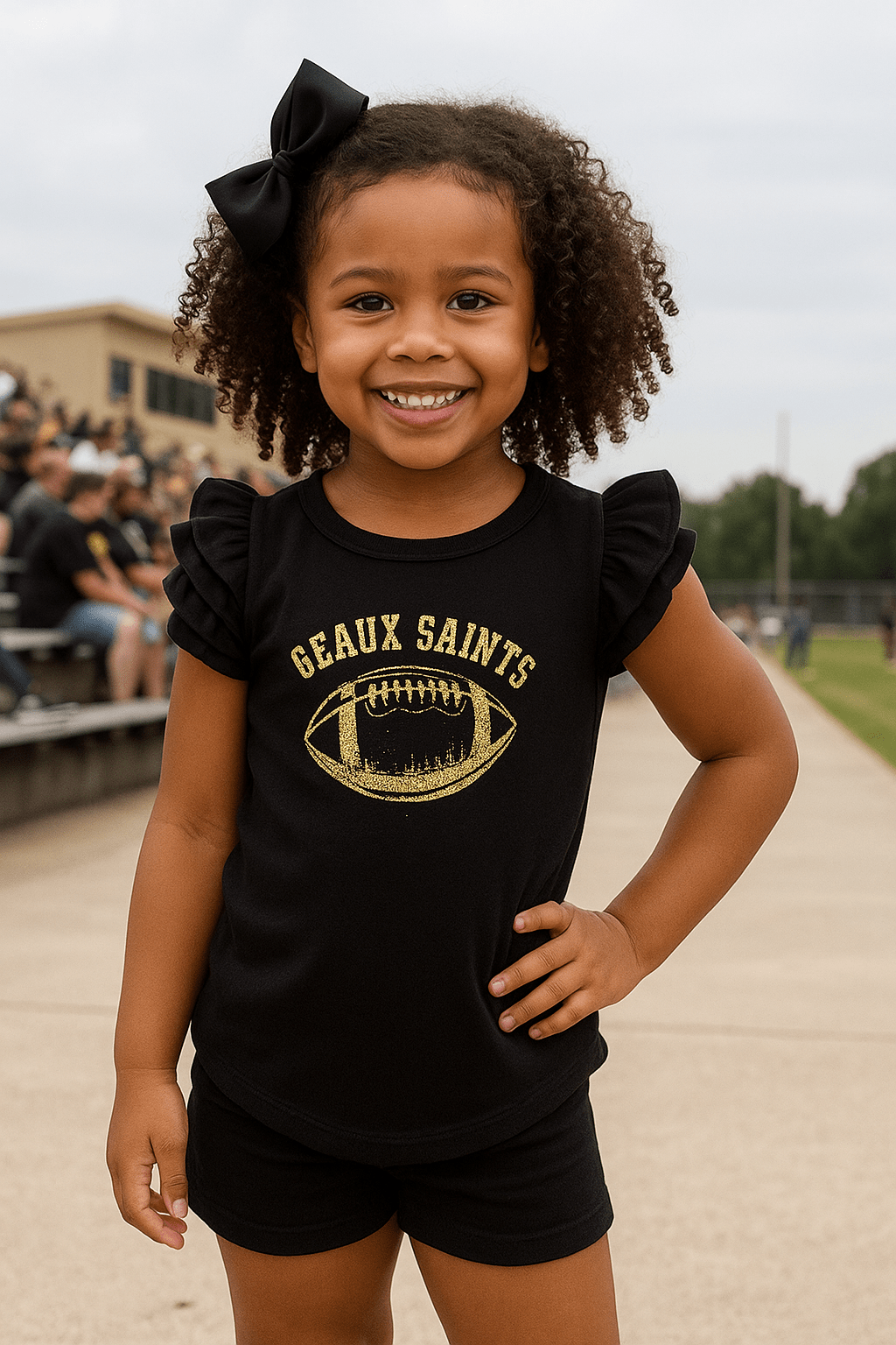 Whereable Art Geaux Saints Toddler Flutter Sleeve Tee in Black - Little Miss Muffin Children & Home