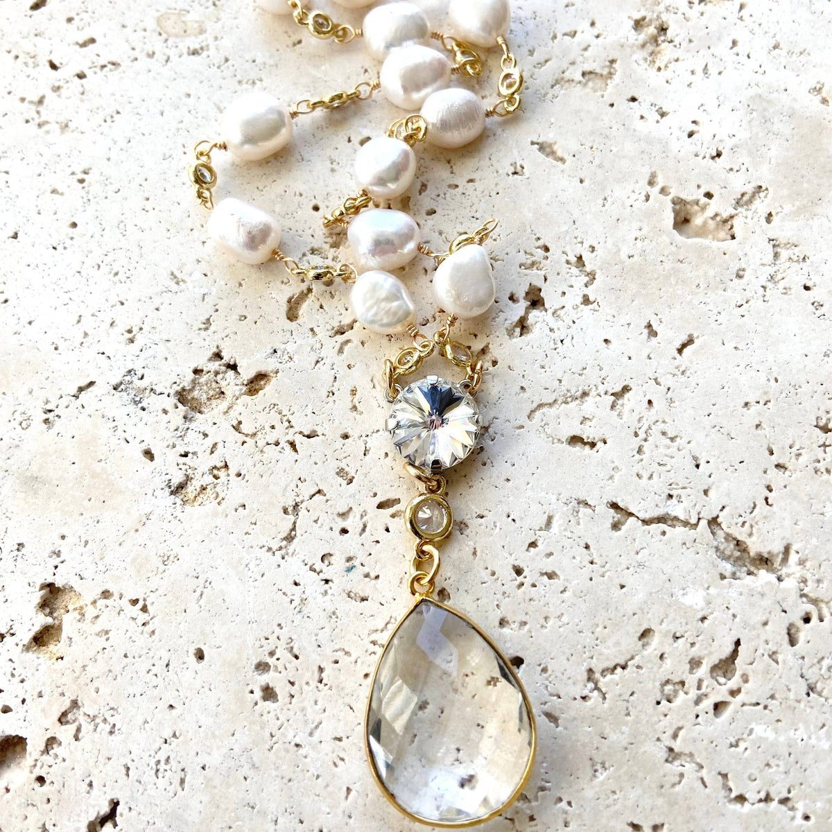VB&CO Designs Handmade Jewelry VB&CO Pearl Necklace with Crystal Quartz Pendant Gold Boutique - Little Miss Muffin Children & Home