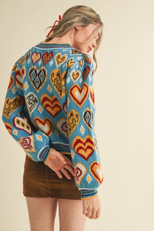 Heart Pattern Pullover in Sky Blue Multi