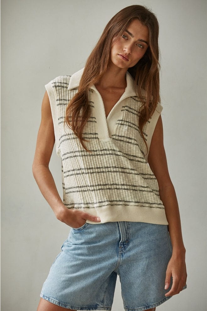 By Together Cream Black Knit Open Collar Neck Sleeveless Top - Little Miss Muffin Children & Home