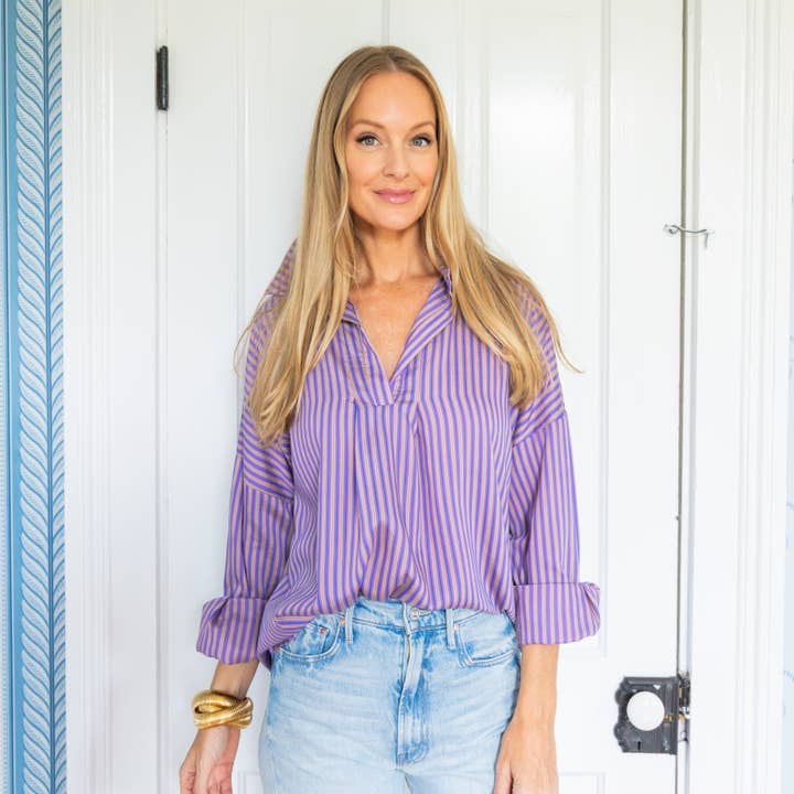 purple striped v neck top