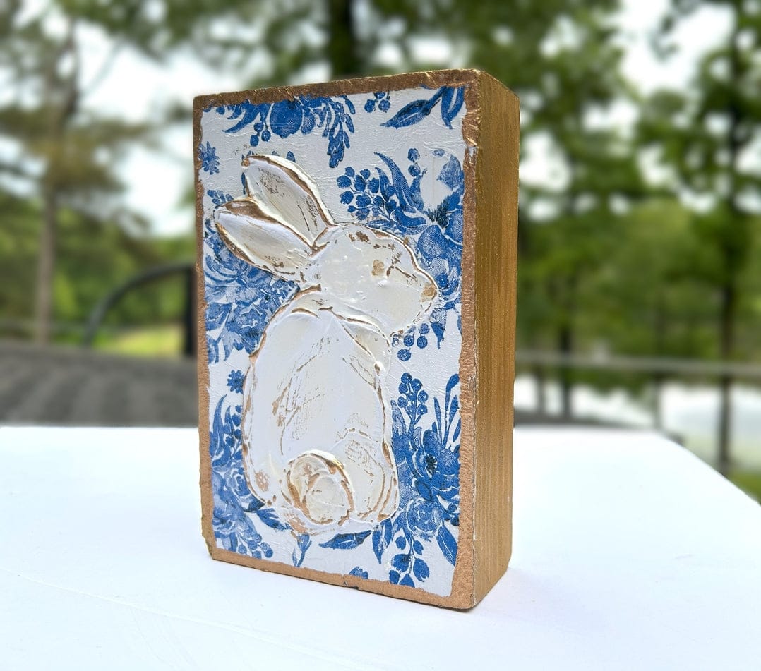 Chinoiserie 4x6 Bunny Art Block with Botanicals Blue White Bridal Tea