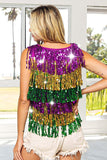 Vanilla Monkey Sequin Fringe Mardi Gras Stripe Sleeveless Top