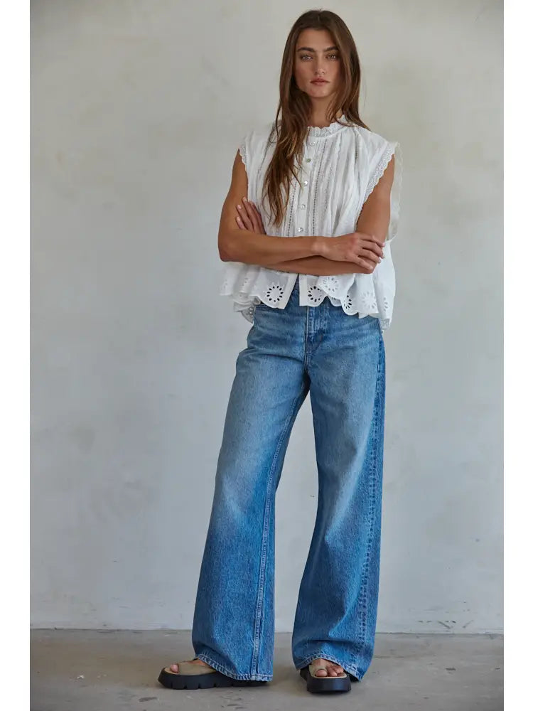 Cotton Eyelet Button Down Sleeveless Top