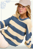 La Miel Loose Fit Striped Round Neck Long Sleeve Sweater in Denim