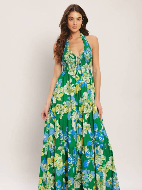 Green Palm Shore Print Woven Maxi Dress