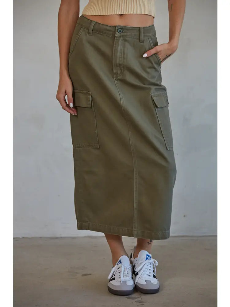 Cotton Denim Cargo Midi Skirt