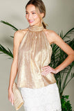 Vine & Love Metallic Halter Neck Tie Back Blouse in Gold