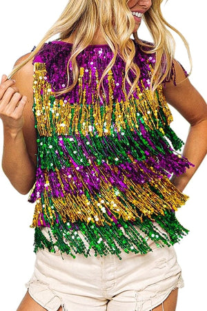 Vanilla Monkey Sequin Fringe Mardi Gras Stripe Sleeveless Top