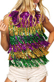 Vanilla Monkey Sequin Fringe Mardi Gras Stripe Sleeveless Top