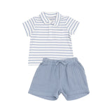 Angel Dear French Stripe Dusty Blue Polo Shirt And Muslin Short