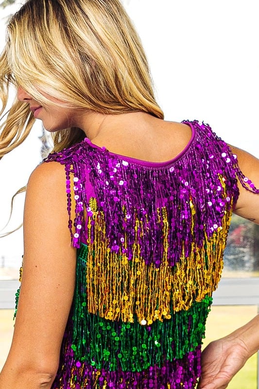 Vanilla Monkey Vanilla Monkey Sequin Fringe Mardi Gras Stripe Sleeveless Top - Little Miss Muffin Children & Home