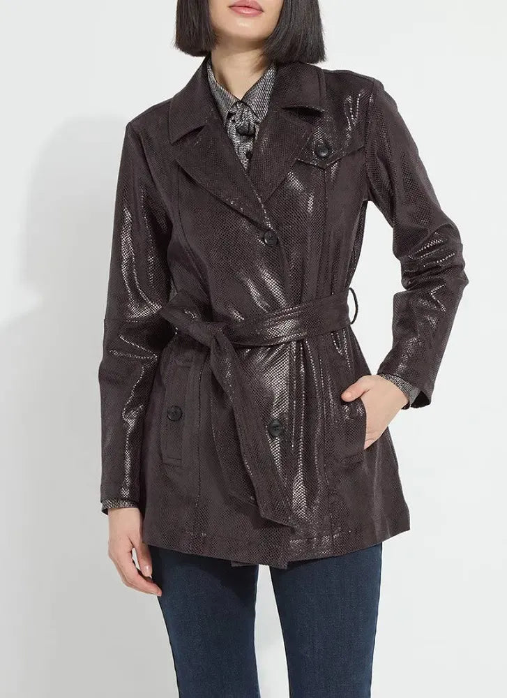 Mavis Foil Vegan Suede Belted Trench Coat in Double Espresso Snake