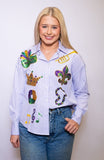 Bomb Design Purple Striped Button Down with Sequin Mardi Gras Designs