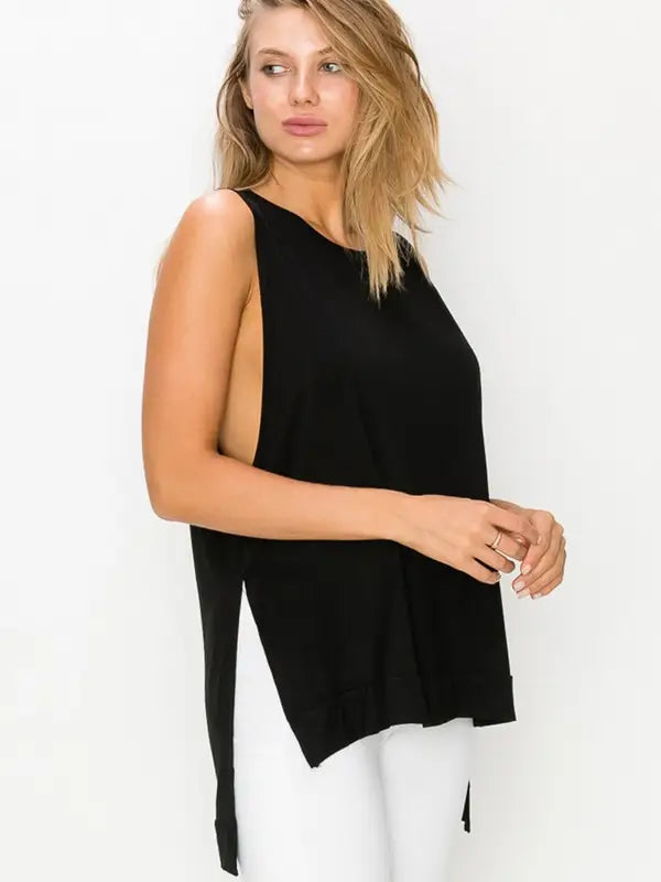 Side Slit Sleeveless Top in Black
