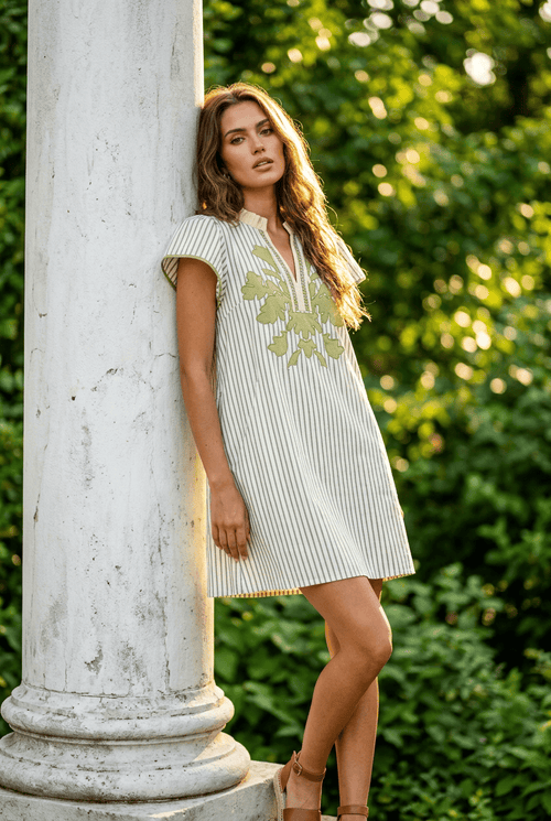 Striped Floral Applique Shift Dress