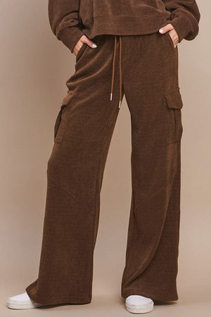 Yelete Corduroy Wide Leg Cargo Pants in Brown