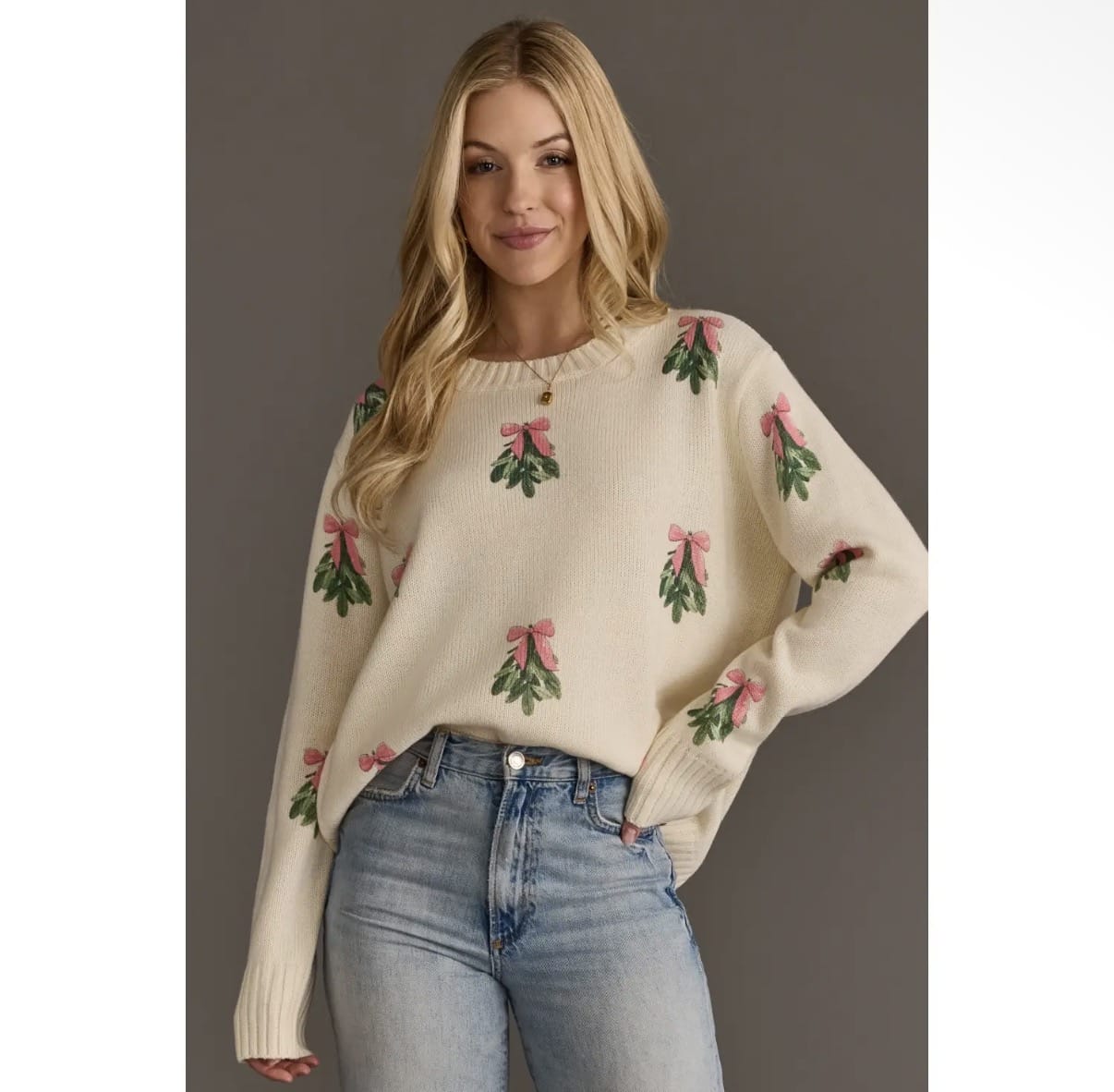 Ivory Tree Sweater with Pink Bows