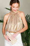 Vine & Love Metallic Halter Neck Tie Back Blouse in Gold