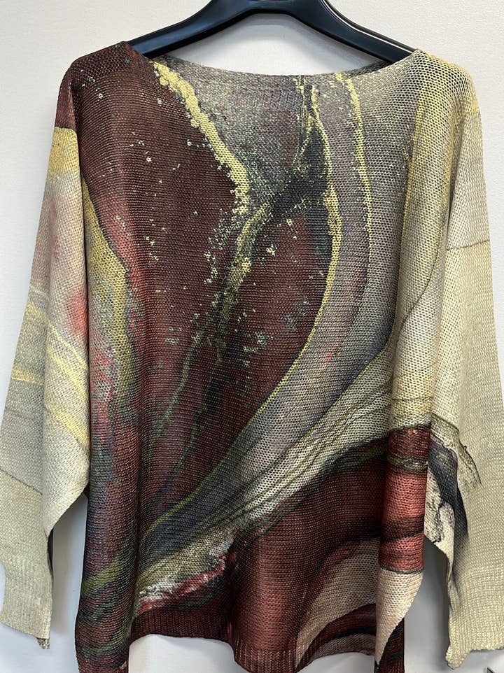 Tie-Dye Brown Gold Print Round Neck Long Sleeve Sweater
