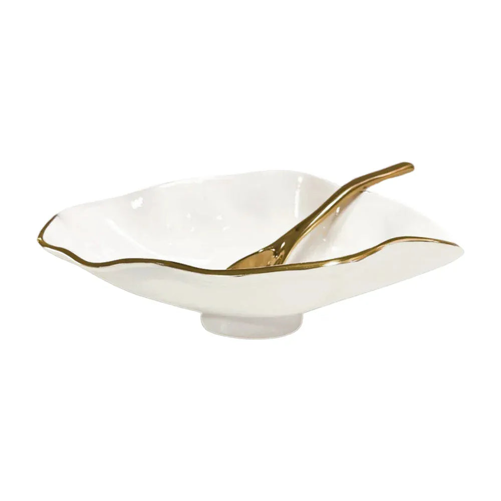 Encanto Claire Cream, White and Gold Small Oval Bowl with Spoon