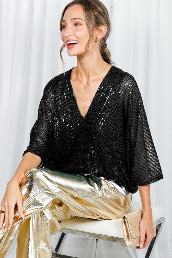 Vine & Love Vine & Love Allover Sequin V-Neck Dolman Sleeve Blouse in Black - Little Miss Muffin Children & Home