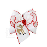 Beyond Creations Embroidered Rudolf 5.5" Huge Crochet Edge Hair Bow White with Red Crochet Edge