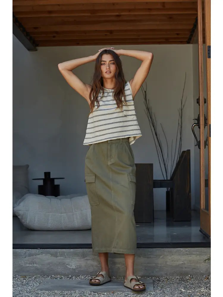 Cotton Denim Cargo Midi Skirt